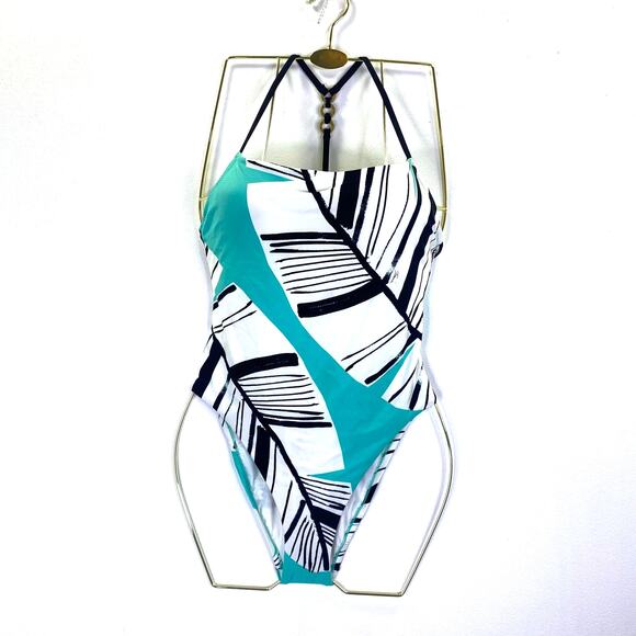 TRINA TURK Copacabana One Piece Swimsuit Tropical Print Teal Black Strappy Sz 4 - Picture 4 of 14